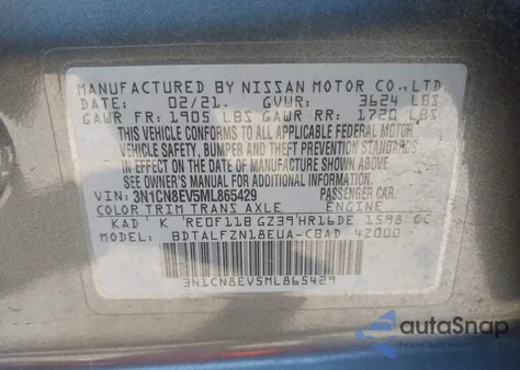 2021 Nissan Versa Sv Xtronic Cvt from USA, damaged, VIN 3N1CN8EV5ML865429
